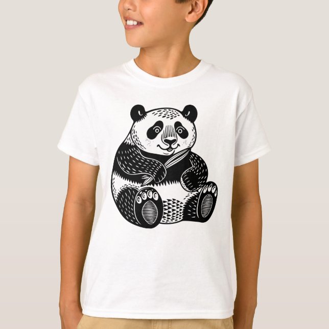 T-shirt Cute Linocut Giant Panda Kids Tee (Devant)