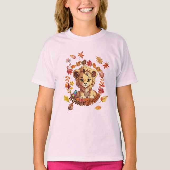 T-shirt Cute Lion “Ausome Autumn” Design – Fall Autism  (Devant)