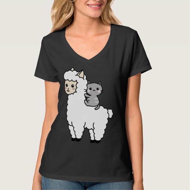 T-shirt Cute Llama Cat Best Friends (Devant)