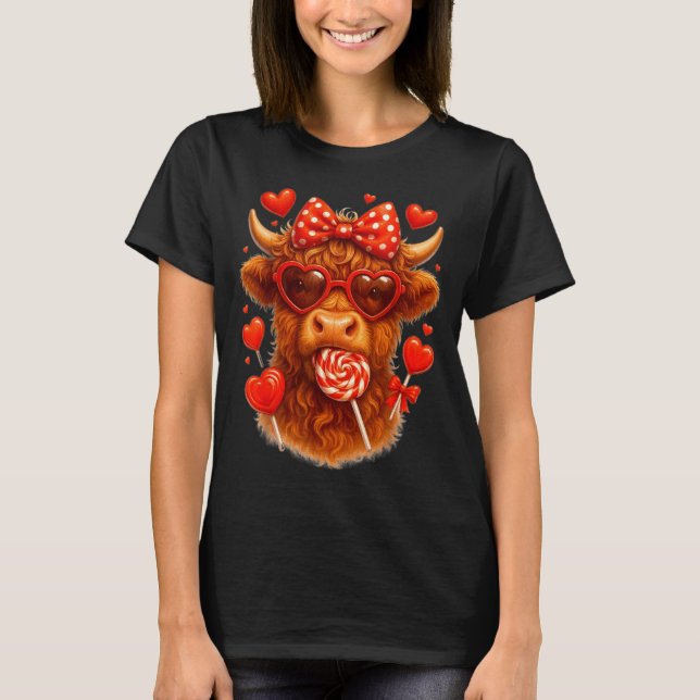 T-shirt Cute Lollip Highland Cow Valentine's Day Red Heart (Devant)