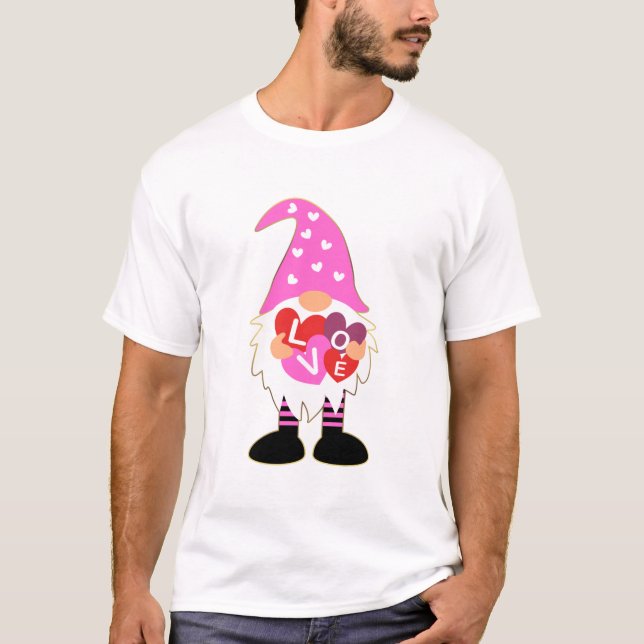T-shirt Cute LOVE Pink Heart Valentine Gnome (Devant)