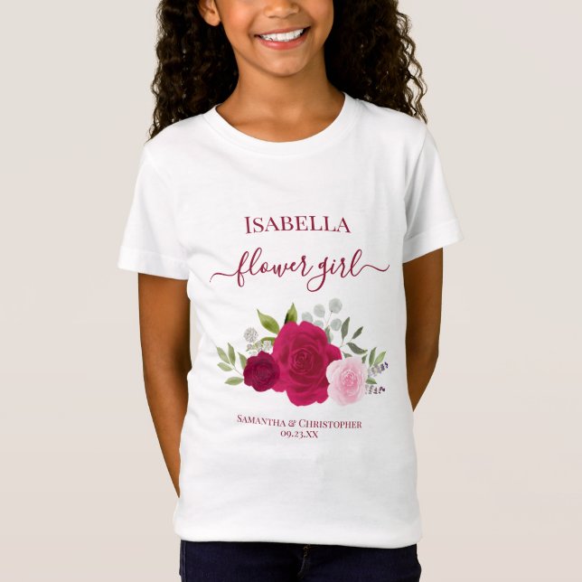 T-Shirt Cute Magenta Pink Roses Flower Girl Gift Wedding (Devant)