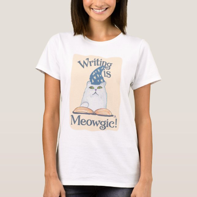 T-shirt Cute Magic Writing Cat Cartoon Art Design (Devant)