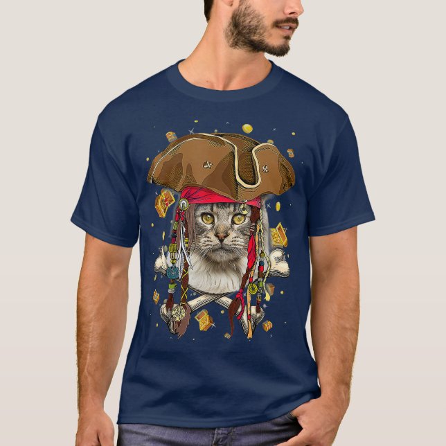 T-shirt Cute Maine Coon Pirate Skeleton Halloween (Devant)