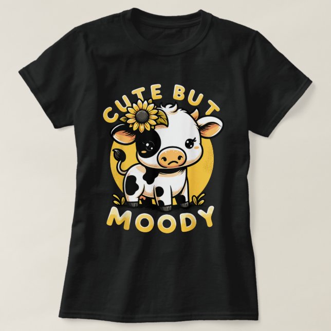 T-shirt Cute Mais Moody Cute Cow Farm & Baby Cow Sunflower (Design devant)