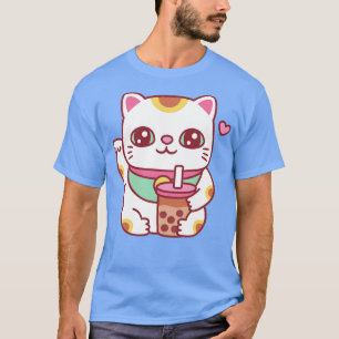 T-shirt Cute Maneki Neko Chat Japonais Avec Thé À Bulle