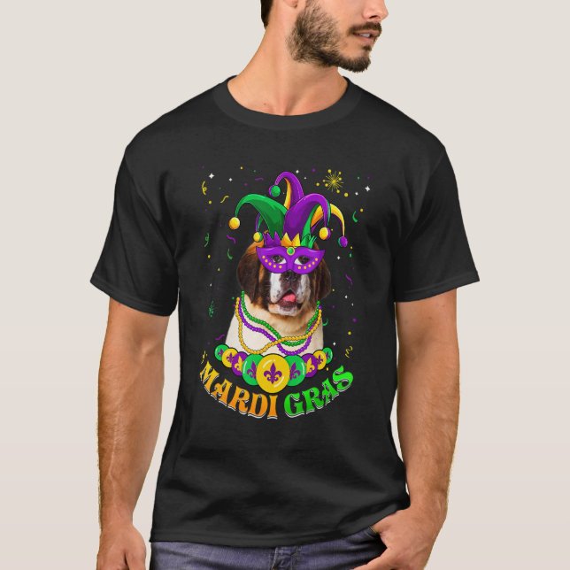 T-shirt Cute Mardi Gras Bernard Dog Dad Dog Mom Mask Beads (Devant)