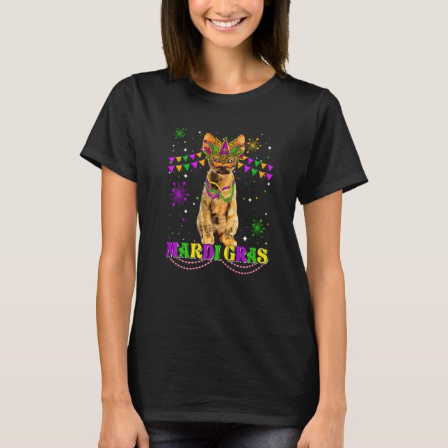 T-shirt Cute Mardi Gras Cat Devon Rex Mask Beads Festival (Devant)