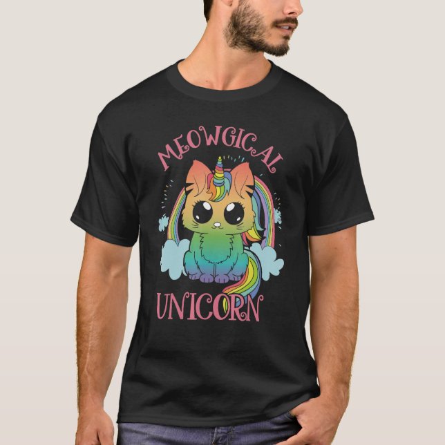 T-shirt Cute Meowgical Unicorn Cat Magic Colourful Rainbow (Devant)
