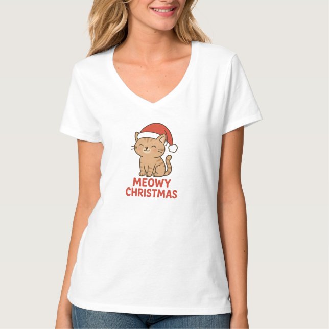 T-shirt Cute Meowy Christmas Cat Santa Hat (Devant)