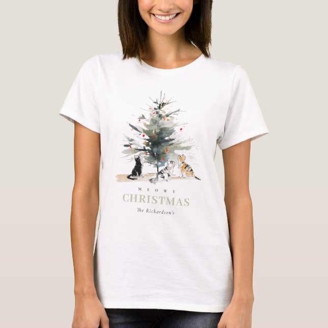 T-shirt Cute Moderne Aquarelle Meowy Arbre de Noël Chats (Devant)