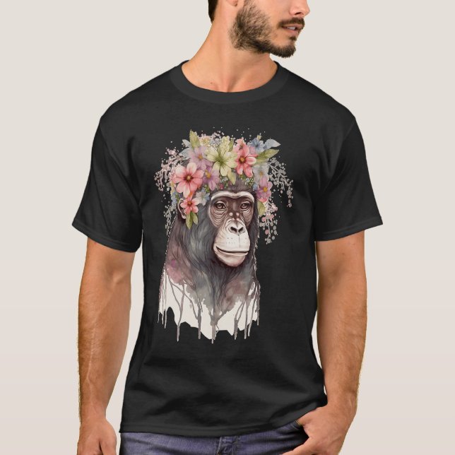 T-shirt Cute Monkey Flower Crown Floral Watercolor (Devant)
