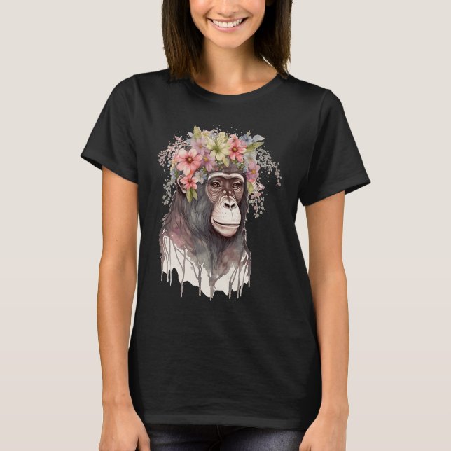 T-shirt Cute Monkey Flower Crown Floral Watercolor (Devant)
