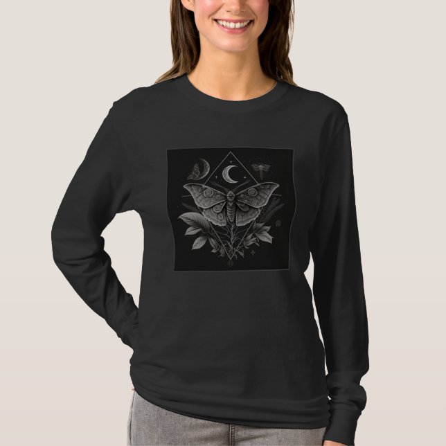T-shirt Cute Moth Butterfly Moon Illustration Flowers Wome (Devant)