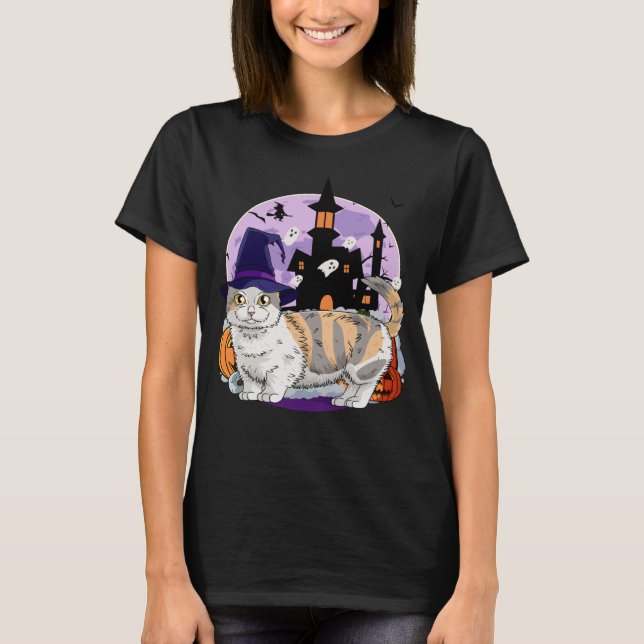 T-shirt Cute Munchkin Cat Halloween Witch Pumpkin (Devant)
