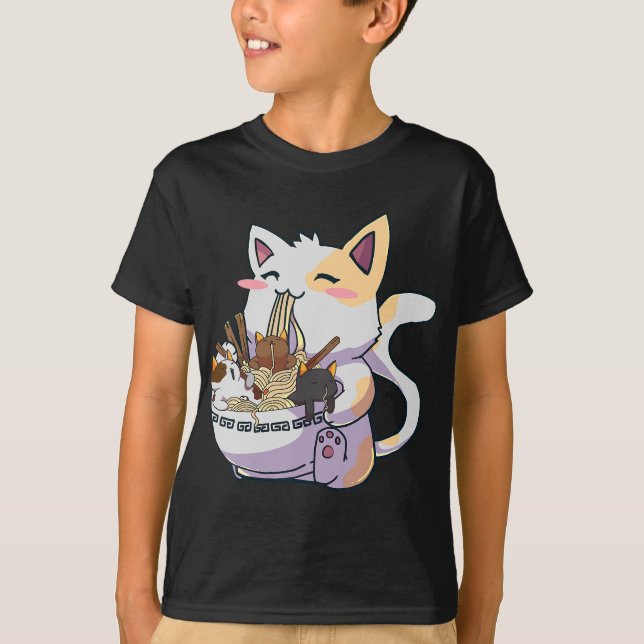 T-shirt Cute Neko Chat avec nouilles Ramen Bowl Anime Japo (Devant)