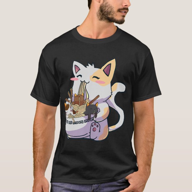 T-shirt Cute Neko Chat avec nouilles Ramen Bowl Anime Japo (Devant)