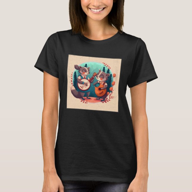 T-shirt Cute Opposum Racoon Illustration Friends Instrumen (Devant)