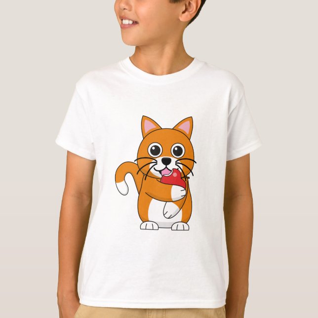 T-shirt Cute Orange Blanc Chat Manger Rouge Pomme Carton (Devant)