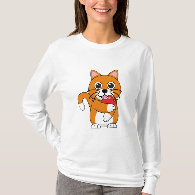 T-shirt Cute Orange Blanc Chat Manger Rouge Pomme Carton (Devant)