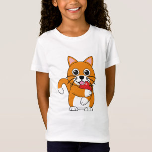T-Shirt Cute Orange Blanc Chat Manger Rouge Pomme Carton