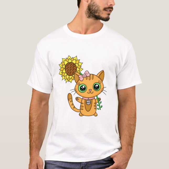 T-shirt Cute Orange Kawaii Chat avec tournesol (Devant)
