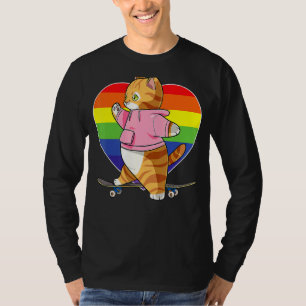 T-shirt Cute Orange Tabby Chat Skateboarder Rainbow Heart 