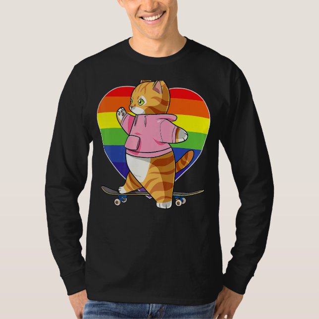 T-shirt Cute Orange Tabby Chat Skateboarder Rainbow Heart  (Devant)