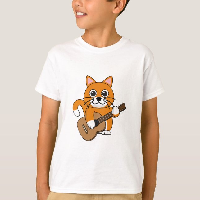 T-shirt Cute Orange White Cat Playing Guitar Cartoon (Devant)