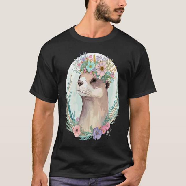 T-shirt Cute Otter Flower Crown Floral Animal (Devant)