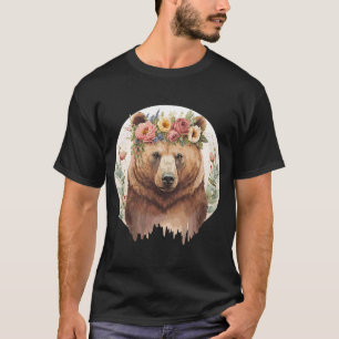 T-shirt Cute Ours Brown Grizzly Fleur Animal Couronne
