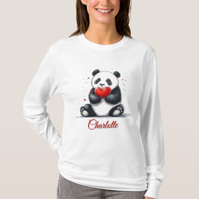 T-shirt Cute Panda Holding Heart avec nom personnalisable (Devant)