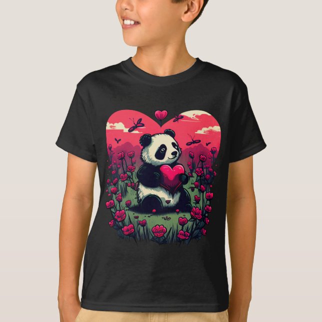 T-shirt Cute Panda Holding Heart - cadeau de la Saint-Vale (Devant)