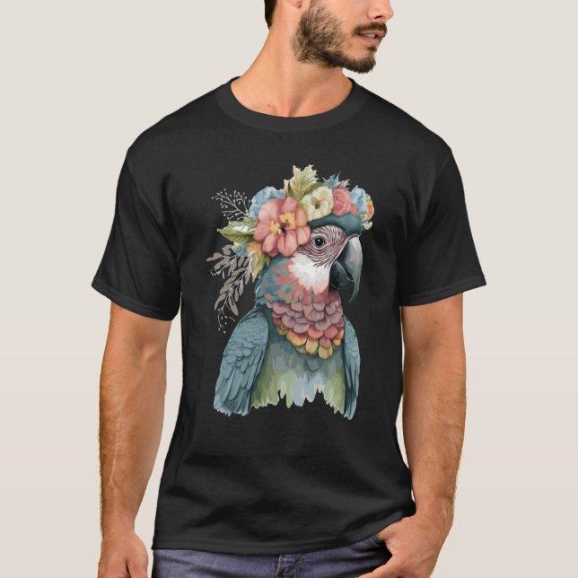 T-shirt Cute Parrot Macaw Bird Flower Crown Pet Birds (Devant)