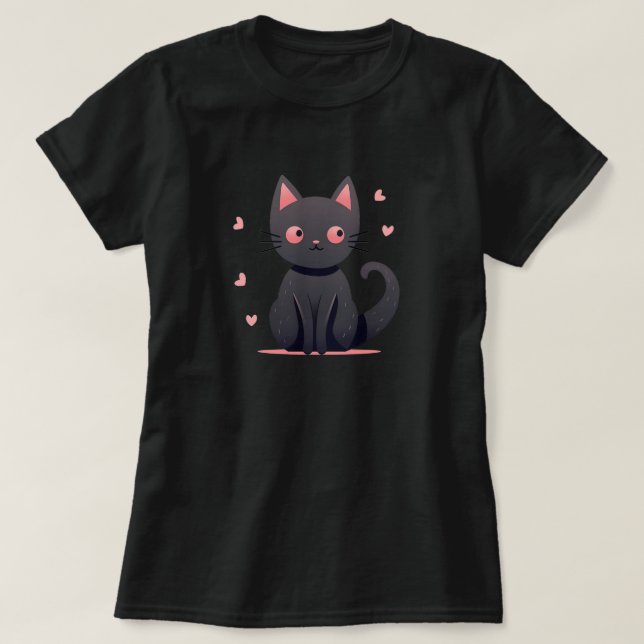 T-shirt Cute Pastel Goth Chat noir avec Coeurs roses Tee (Design devant)