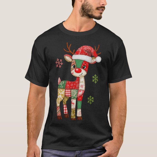 T-shirt Cute Patchwork Reindeer Christmas Xmas Men Women K (Devant)