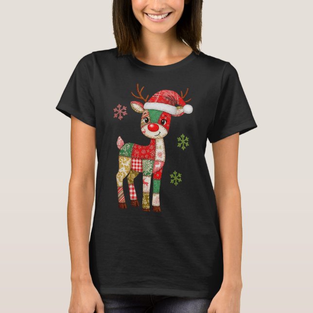 T-shirt Cute Patchwork Reindeer Christmas Xmas Men Women K (Devant)