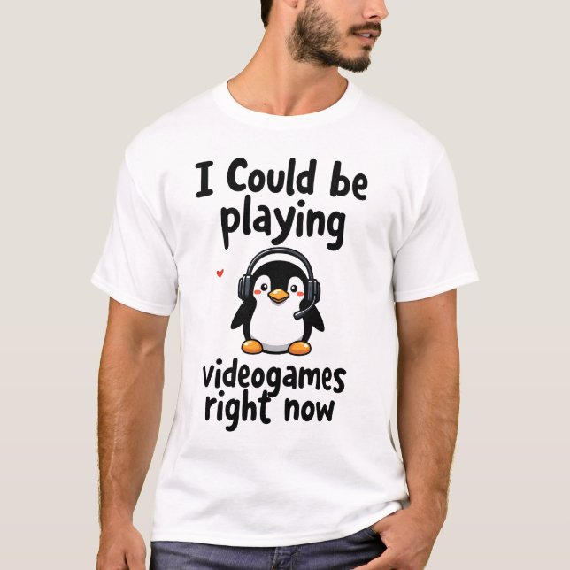 T-shirt Cute Penguin Playing Videogames Gamer Shirt (Devant)