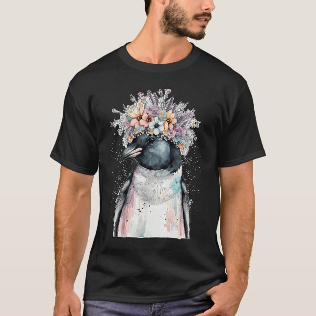 T-shirt Cute Penguin Seabird Flower Crown Floral Birds (Devant)