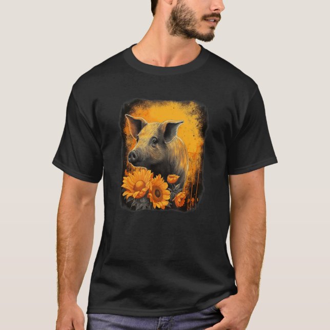 T-shirt Cute pig with sunflower portrait orange and black  (Devant)