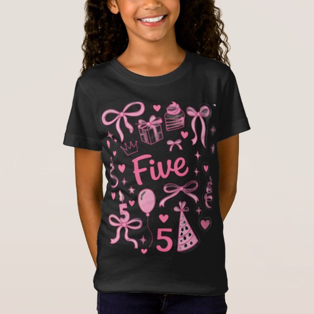 T-Shirt Cute Pink 5th Birthday Girl Shirt Five Bow Party D (Devant)