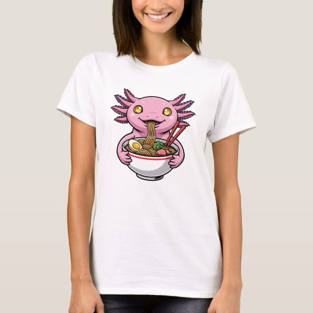 T-shirt Cute Pink Axolotl Eating Ramen Noodles Cartoon (Devant)