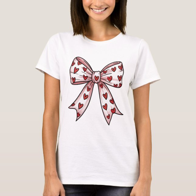 T-shirt Cute Pink Coquette Bow with Red Hearts Valentine (Devant)