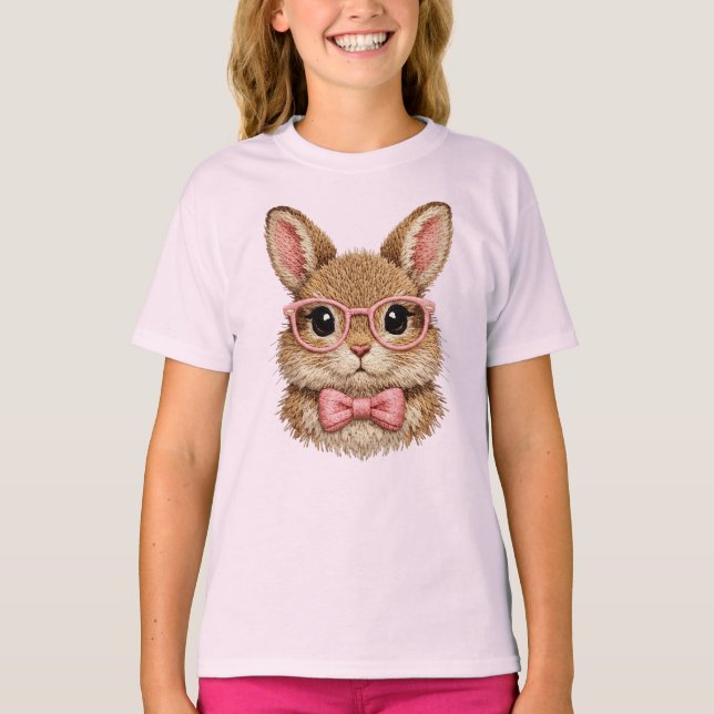 T-shirt Cute Pink Glasses Bunny | Rabbit Embroidery Look - (Devant)