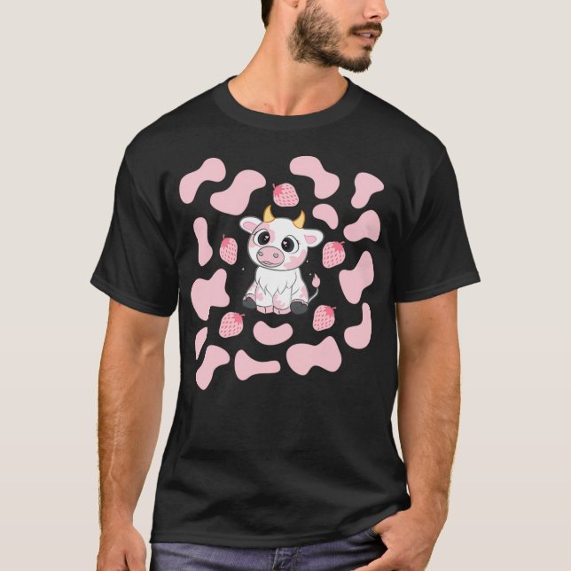 T-shirt Cute Pink Strawberry Cow Print Aesthetic Pattern (Devant)