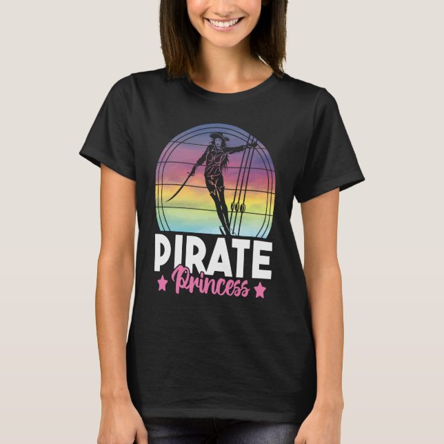 T-shirt Cute Pirate Princess Girls Retro Sunset Ship Pirat (Devant)