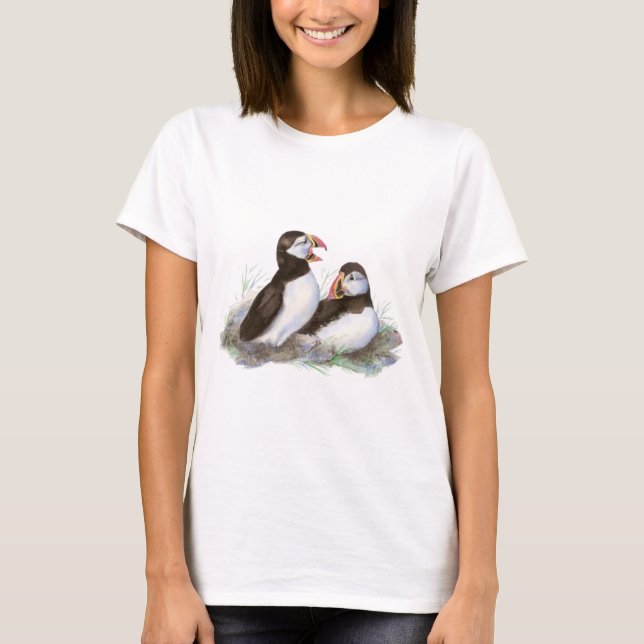 T-shirt Cute Puffins, Oiseau Océanique, Plage, Nature (Devant)