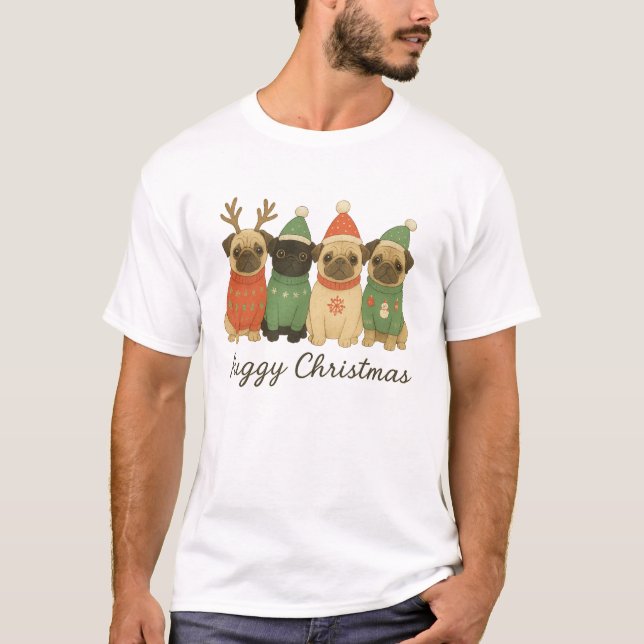 T-shirt Cute Pug Christmas Illustration in Festive Sweater (Devant)