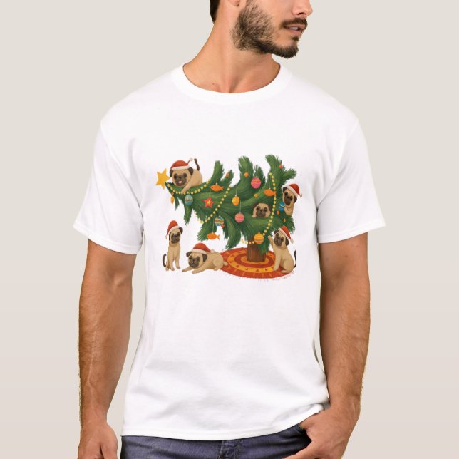 T-shirt Cute Pug Christmas Tree Scene – Funny Holiday Dogs (Devant)