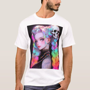 T-shirt Cute Punk Rock Skull Goth Rainbow Braid Anime Girl